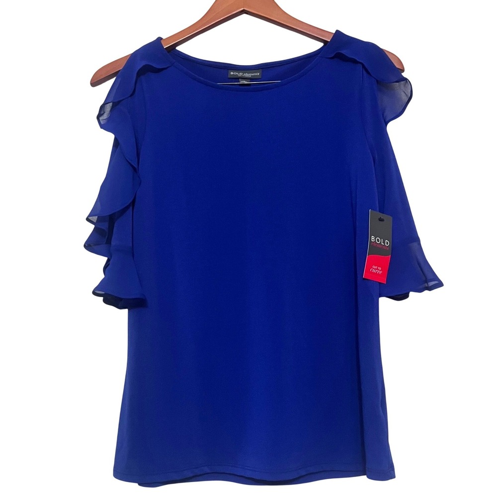 Bold Elements Women Sapphire Blue Flowy Cold Shoulder Ruffle Blouse NWT Small